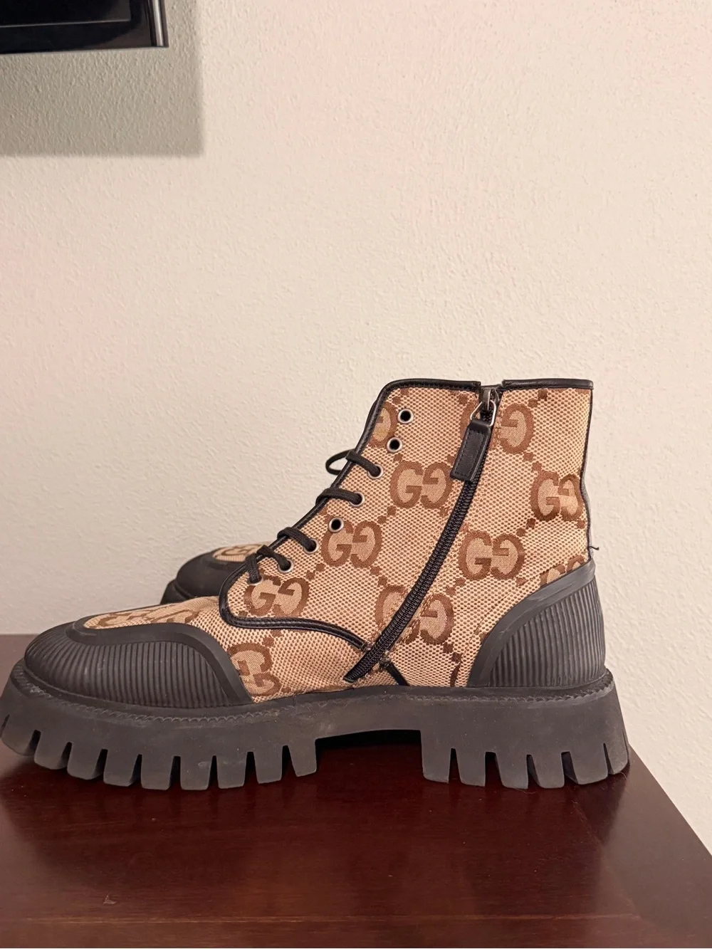 Gucci GG Canvas Combat Boots - Tan/Brown with COA